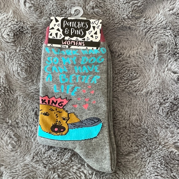 Accessories - Patches & Pins Womens Gray Dog Novelty Socks - Pink & Aqua Accent